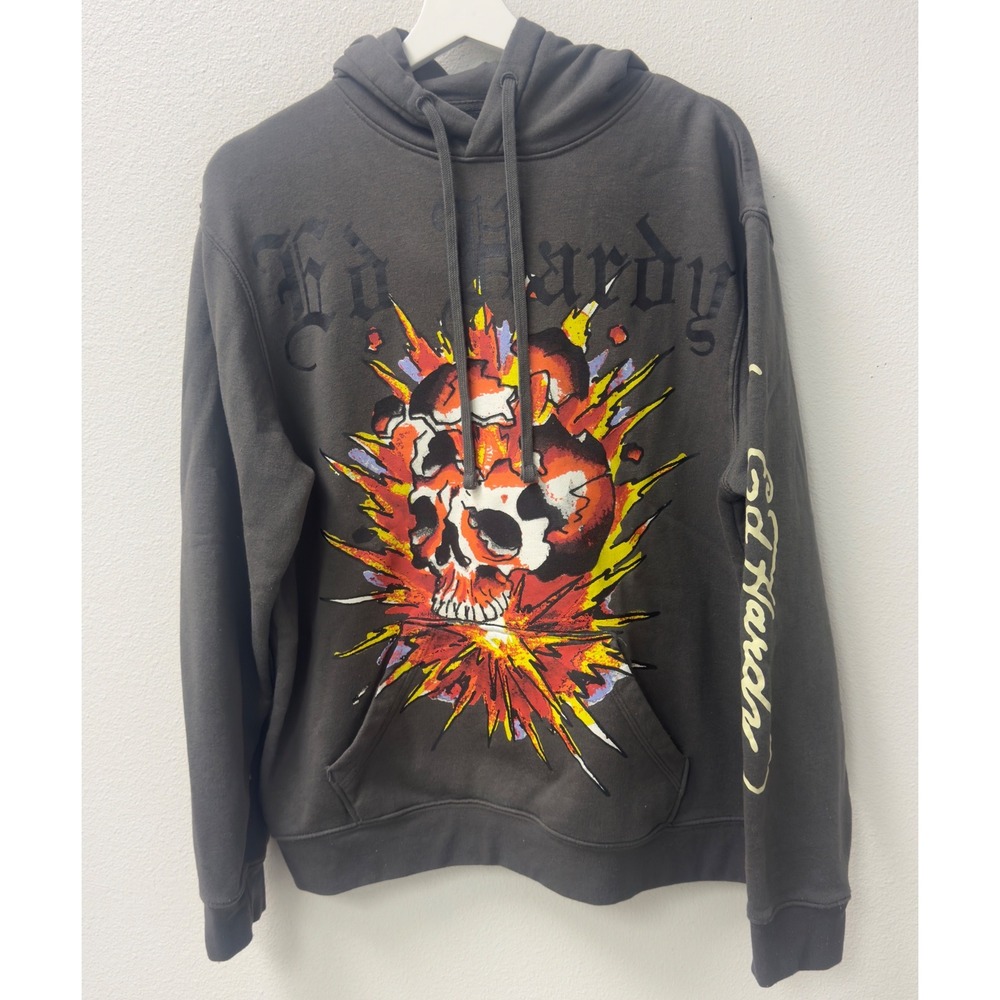 Ed Hardy Skull Graphic Hoodie Mens Size M Charcoal Grey Tattoo Y2K‎ Streetwear